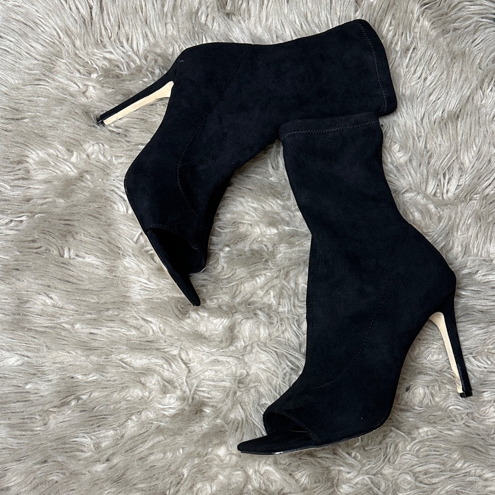 Rouge! Black Suede Peep-Toe Stiletto Ankle Booties